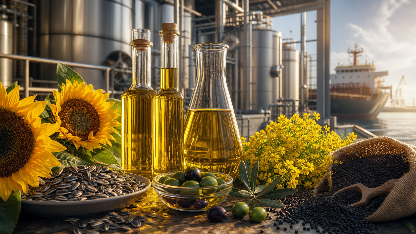 Vegetable oil bottles with sunflowers and olives